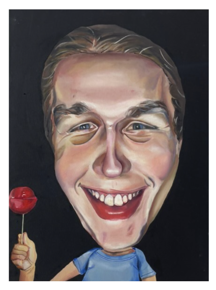 A caricature of a smiling person with exaggerated facial features holding a red lollipop.