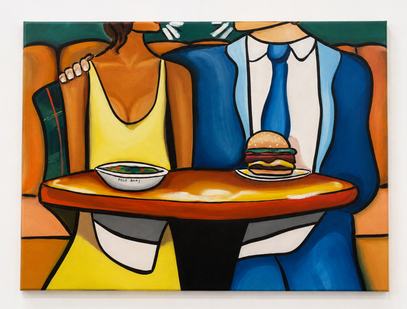 Painting of two people sitting at a table with a bowl of soup and a burger, one person is wearing a yellow dress and the other is in a blue suit and tie.