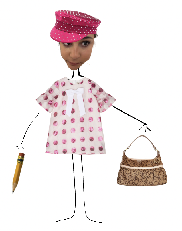 A collage of a woman with a pink polka-dot cap, a drawn body with a polka-dot dress, holding a pencil in one hand and a leopard print handbag in the other, with a white background.