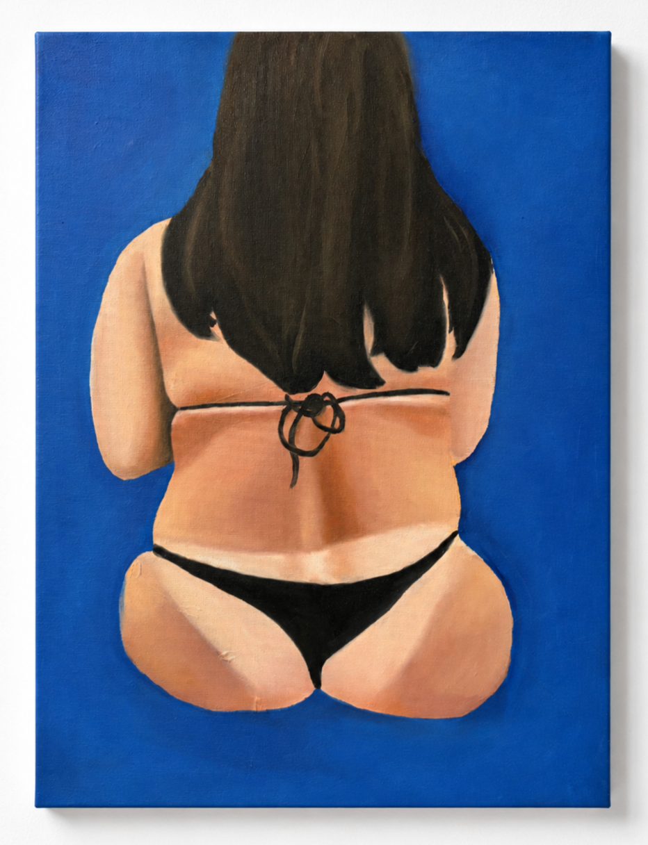 Painting of a woman with long dark hair, viewed from the back, wearing a black bikini, against a bright blue background.