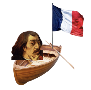 A boat with a large French flag, and a caricature of a man with long hair and a mustache inside the boat.