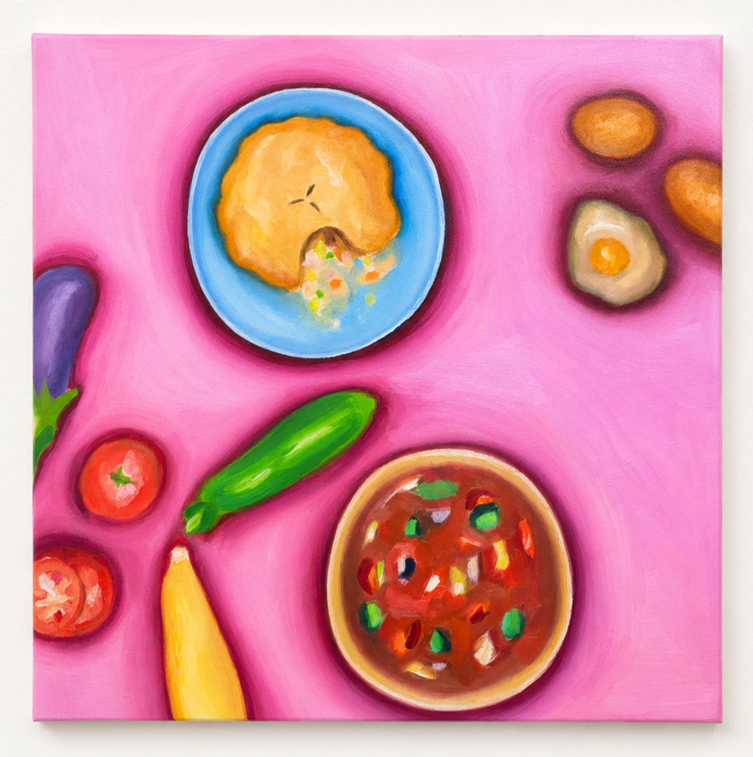 Painting of a table with various food items including a bowl of chili with vegetables, a green zucchini, a yellow banana, cherry tomatoes, an egg with a yolk, and a plate with fried chicken on a pink background.