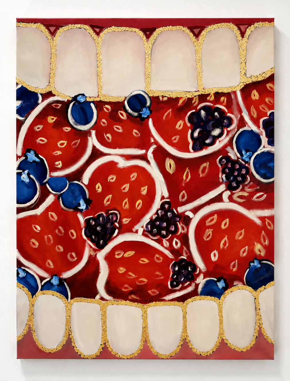 Painting of sliced strawberries and blueberries, decorated with a honeycomb border, against a red background.