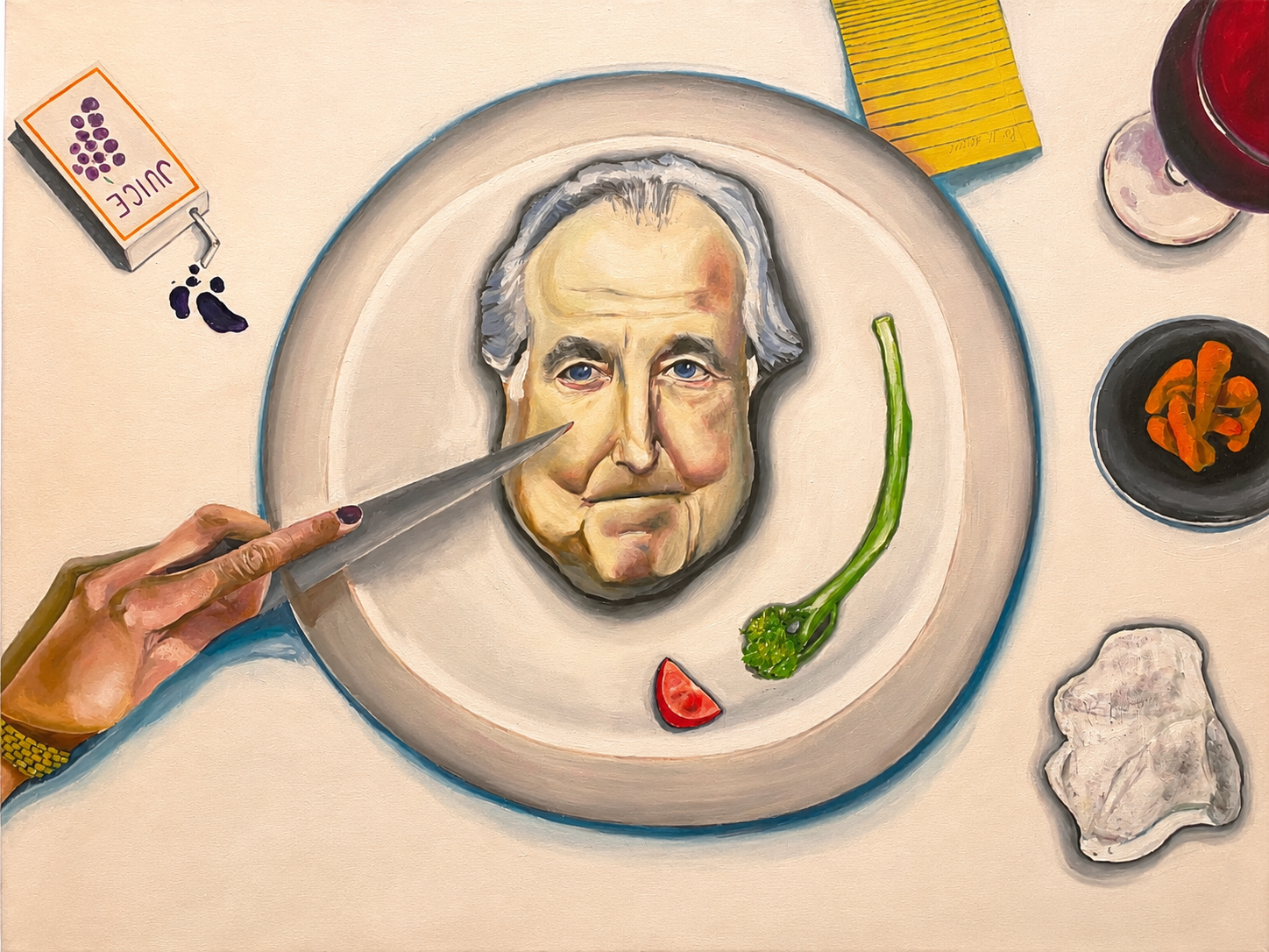 A painting of a face on a plate, with a hand holding a knife near the face. The face has gray hair and blue eyes. Surrounding the plate are various food items and objects, including a cherry tomato, a piece of broccoli, a small bowl of what appears to be octopus or shellfish, a piece of rock or coral, a glass of red wine, a box of juice with spilled purple liquid, and a yellow rectangular object.