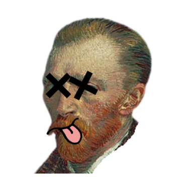 A digitally altered portrait of a man with stylized facial features, including black X's over his eyes and a tongue sticking out of his mouth.