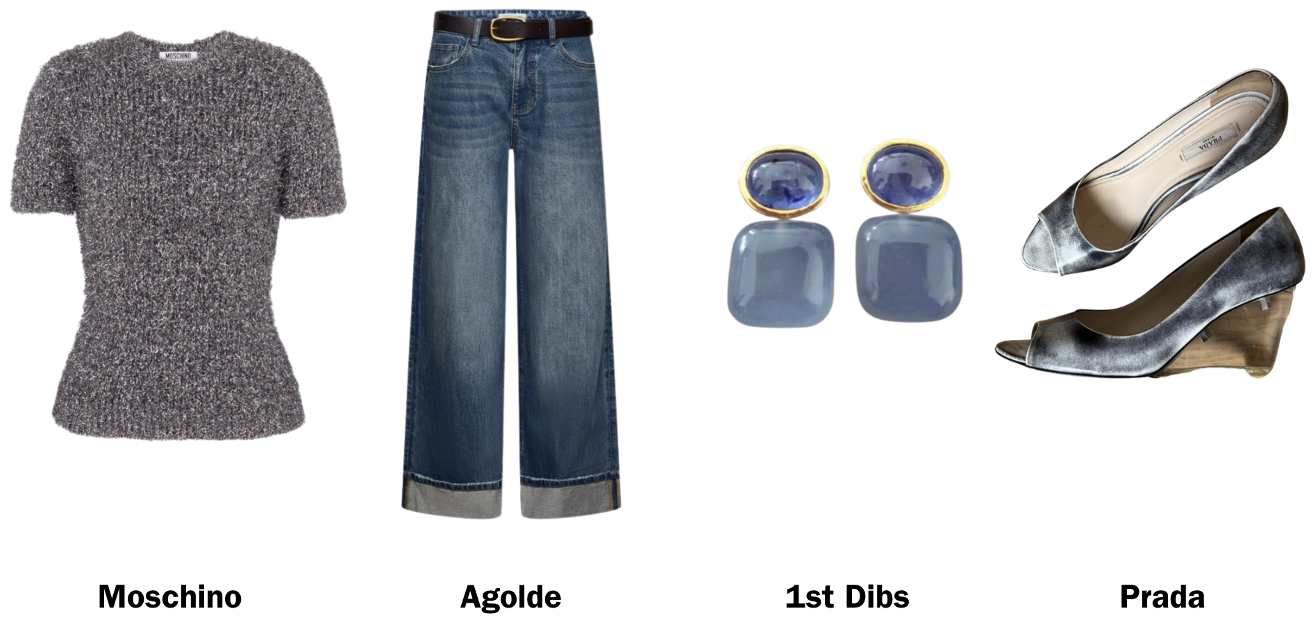 Fashion outfit consisting of a Moschino textured short-sleeve top, wide-leg Agolde jeans with rolled cuffs and black belt, pair of blue and gold statement earrings, and metallic Prada high-heeled shoes with wooden heel.