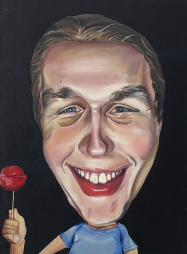 A caricature of a person with exaggerated facial features, smiling widely, holding a red lollipop shaped like lips, wearing a blue shirt, against a black background.