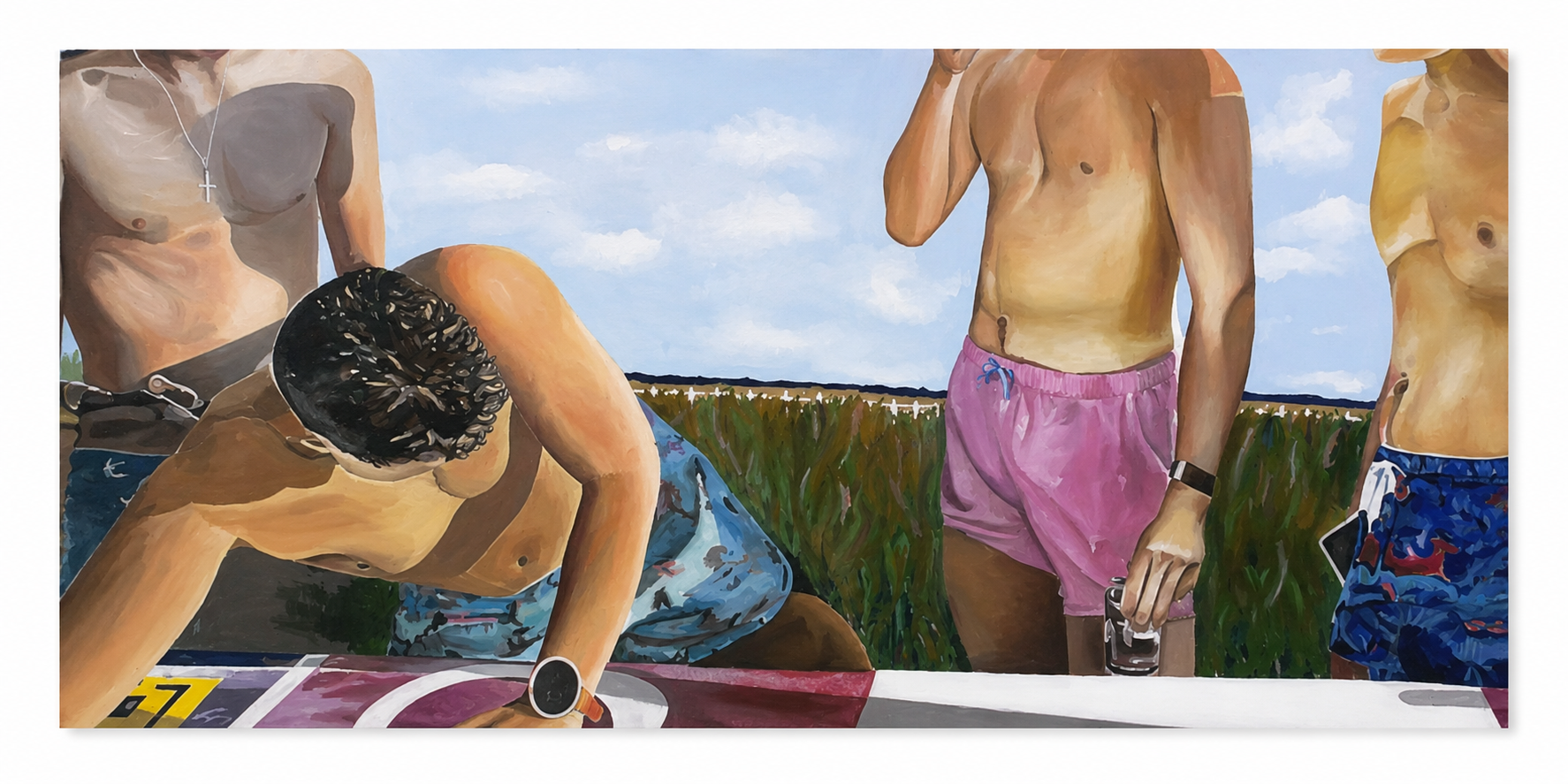 A painting of four shirtless men in a field with a partly cloudy sky. One man is leaning on a physical table, wearing a cap and shorts. Another standing man has pink shorts and is holding a drink. The third man is wearing blue patterned shorts and holding a phone. The fourth man is only partially visible.