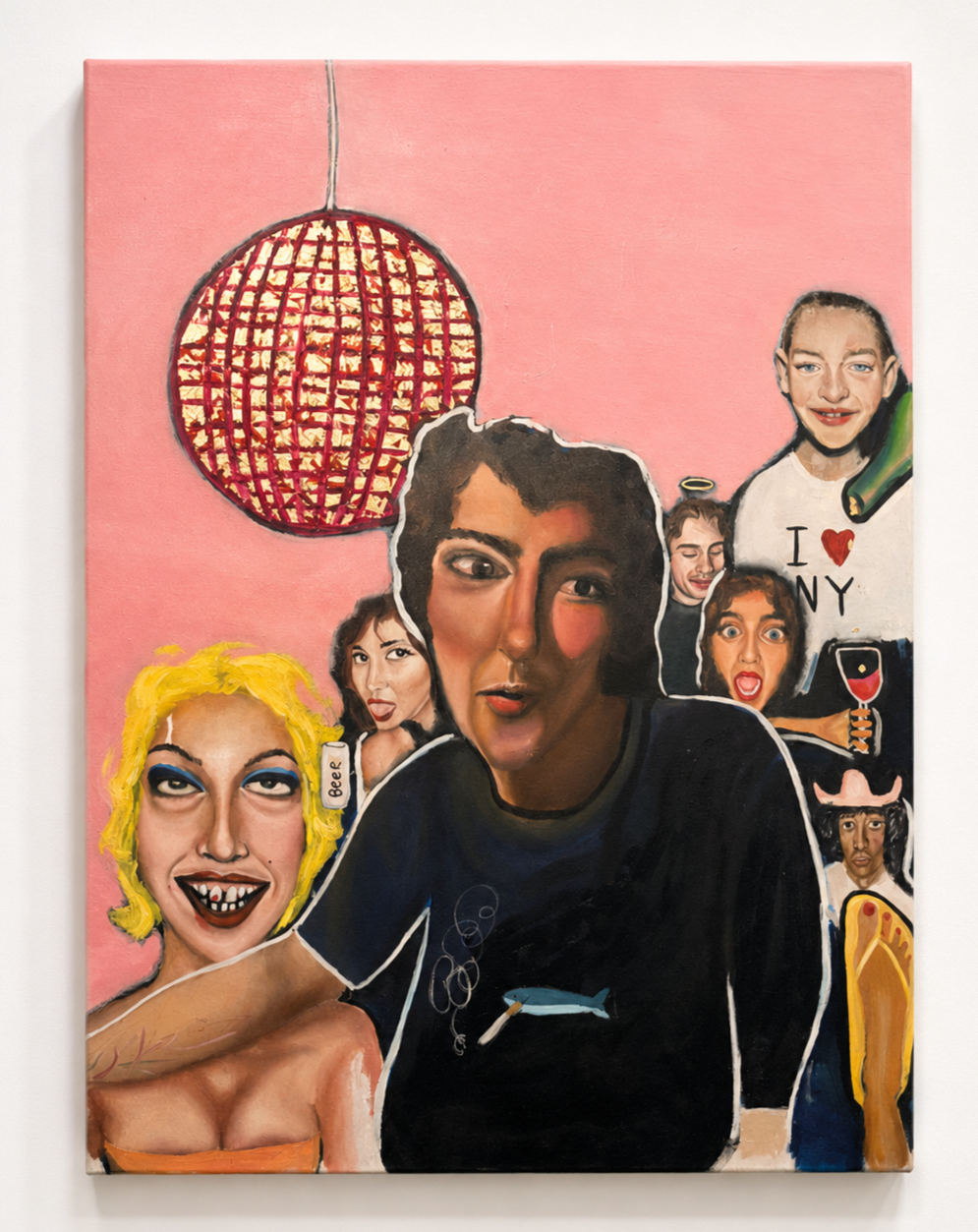 Colorful painting of a group of diverse people with exaggerated facial features, set against a pink background with a red spherical pendant light hanging above.