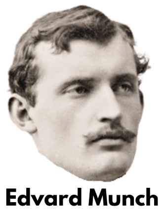 Black and white portrait of Edvard Munch, showing his head and facial features, with his name printed below.