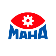 Logo with a red circle, a white gear inside, and the word 'MAHA' in blue