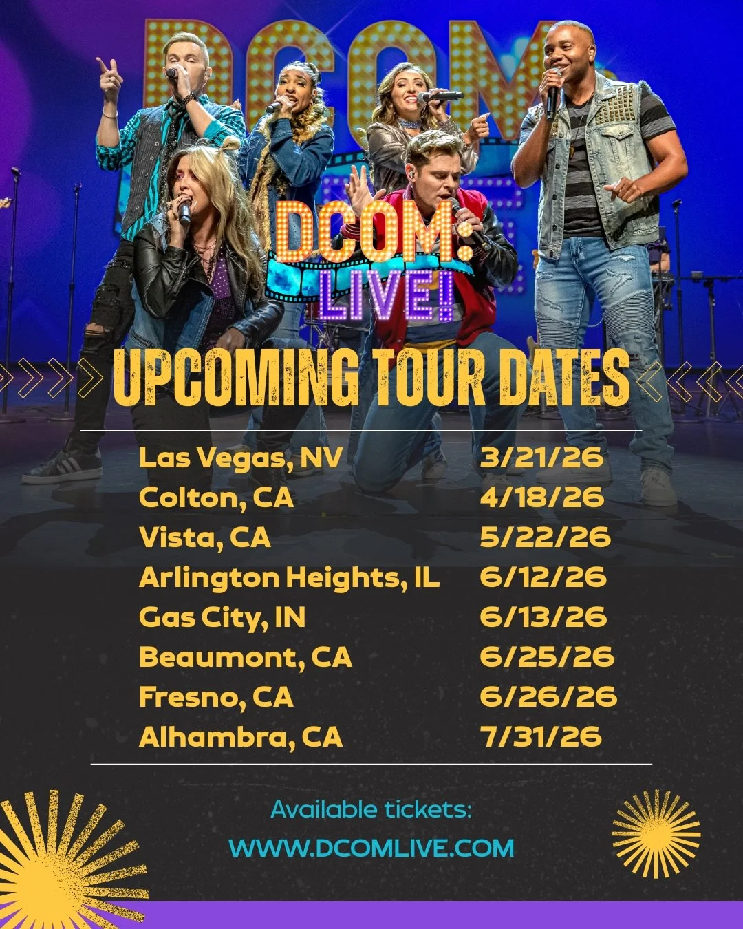 DCOM: Live! is bringing Disney Channel hits to your city! Share this with your DCOM concert crew! 🎶

3/21/26 &bull; Las Vegas, NV @thespacelv 
3/22/26 &bull; Best of Both Worlds Brunch in Vegas* @nellieslivelv 
4/18/26 &bull; Colton, CA
5/22/26 &bul