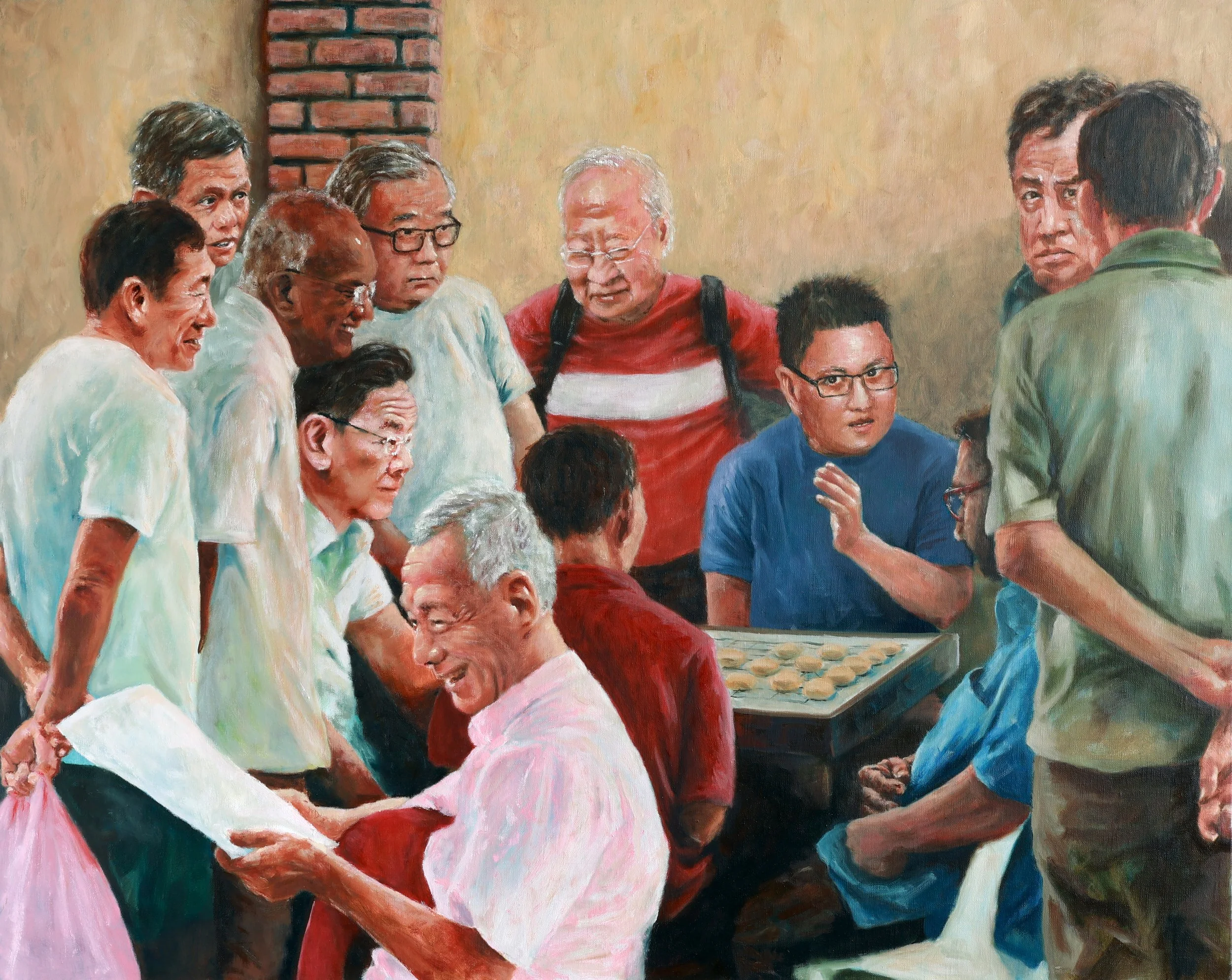 A group of diverse elderly and middle-aged people gathered around a table, playing a board game, with a person explaining or instructing the game.