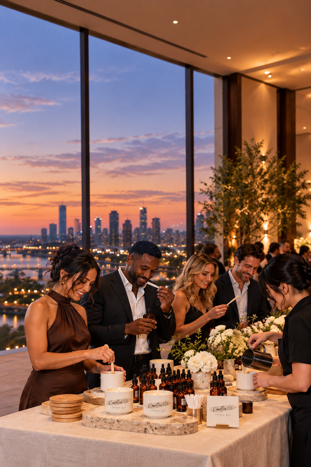 People smiling and enjoying aromatic candles at a reception table with a city skyline sunset view in the background.