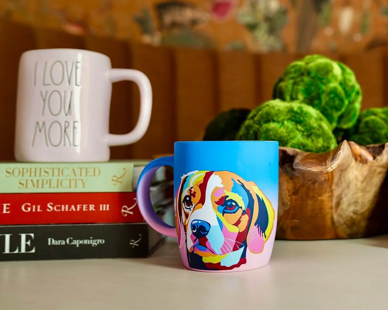 Kandles2u - Kandles2Mug Collection styled on books- floral teacup, colorful dog mug, and 'I Love You More' mug - perfect for Austin, Texas Candle Making Workshops/Classes. Date Nights, Girls' Nights, Corporate Events, Brial Parties