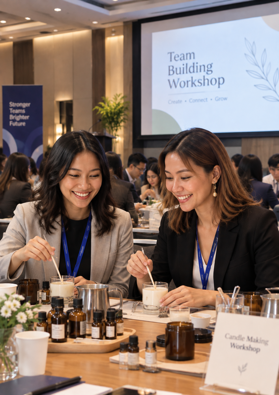 Two women smiling and stirring drinks at a candle making workshop during a team-building event in a conference room with a large screen displaying "Team Building Workshop" and a banner reading "Stronger Teams Brighter Future."