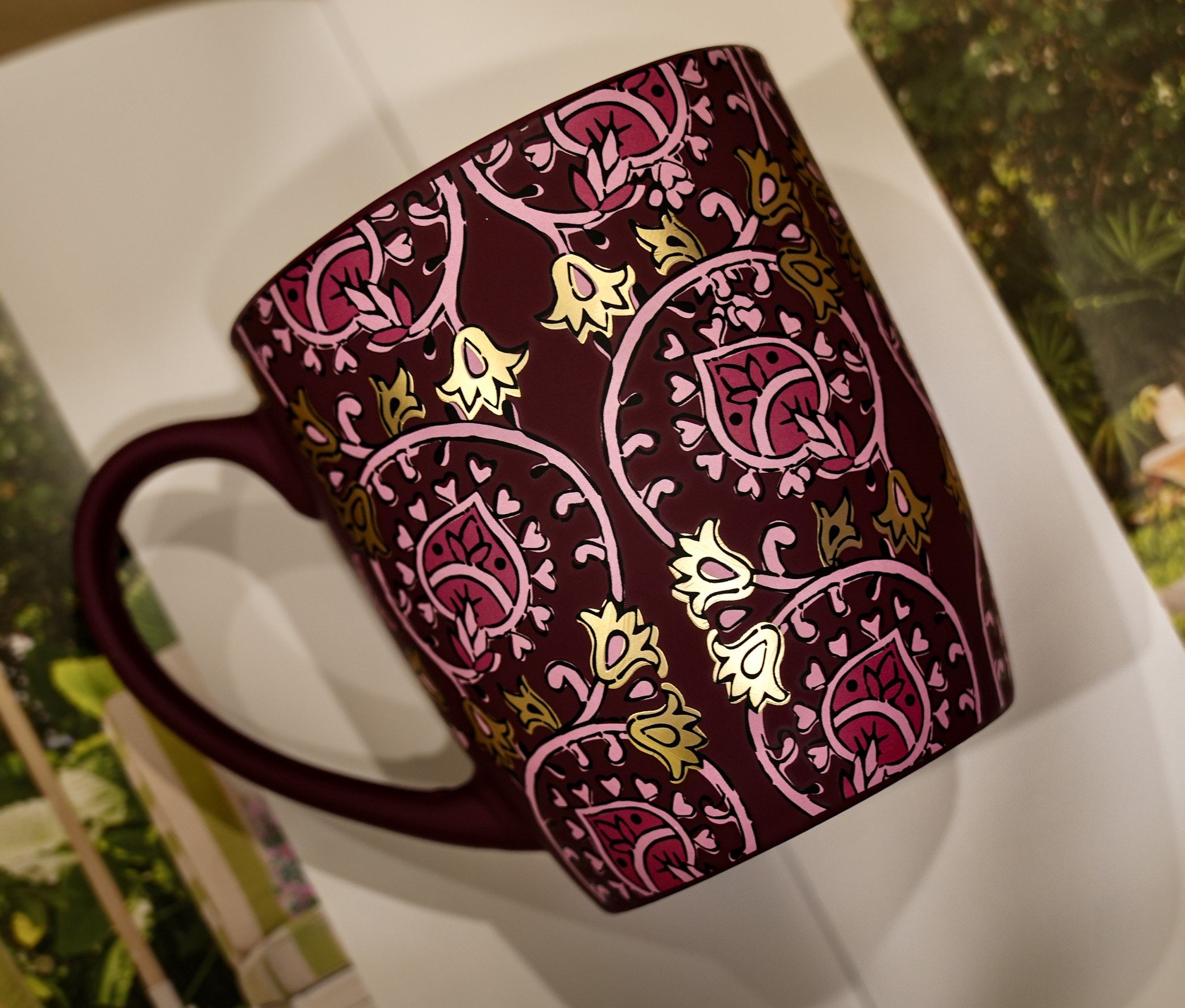 Burgundy floral-pattern mug from Kandles2u-Kandles2Mug Collection-perfect for Austin, Texas Candle Making Workshop/Classes, pop-ups, Bridal Parties, Corporate Events, and Girls' Nights.