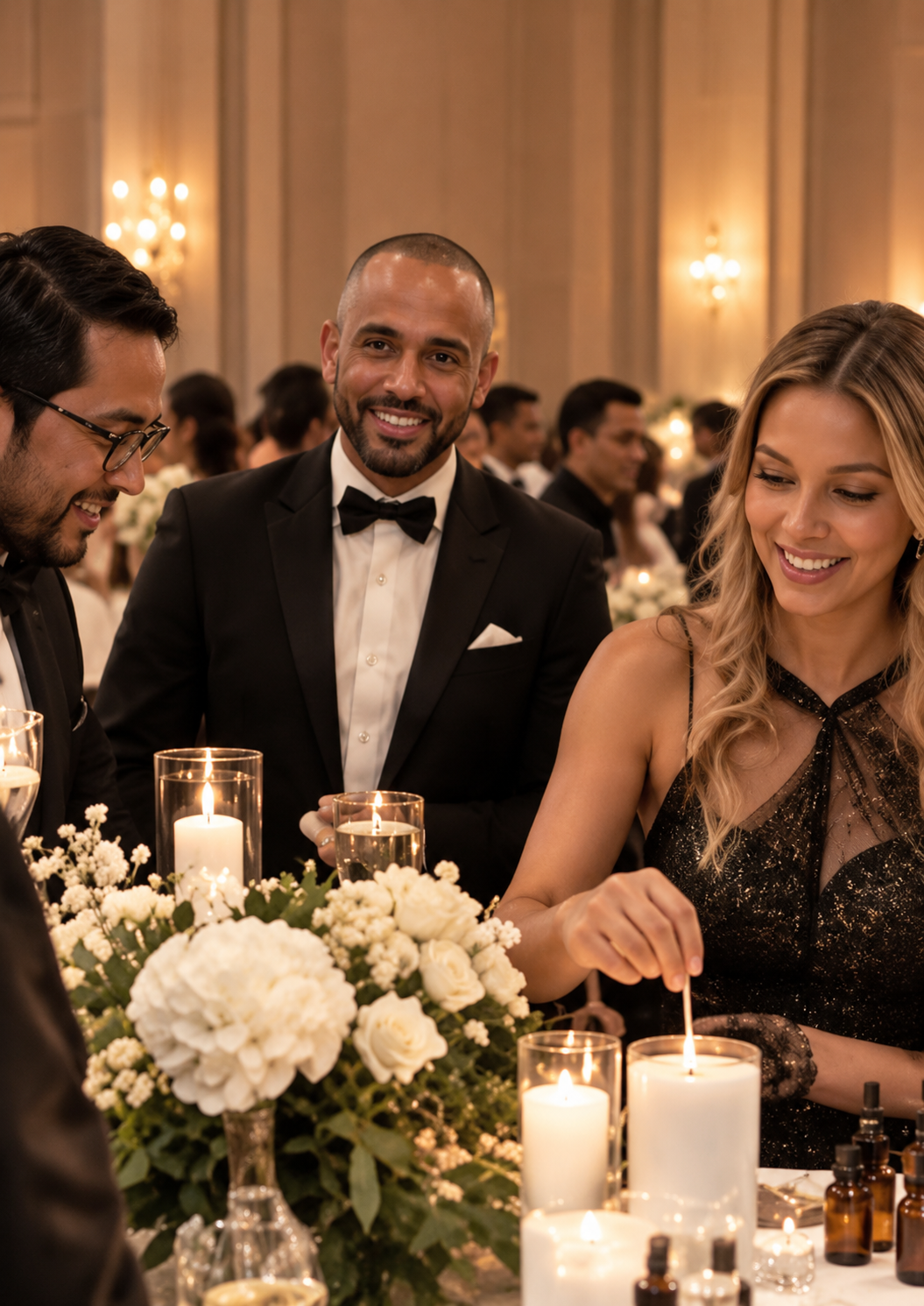 People at a formal event lighting candles on a decorated table with flowers and candles.