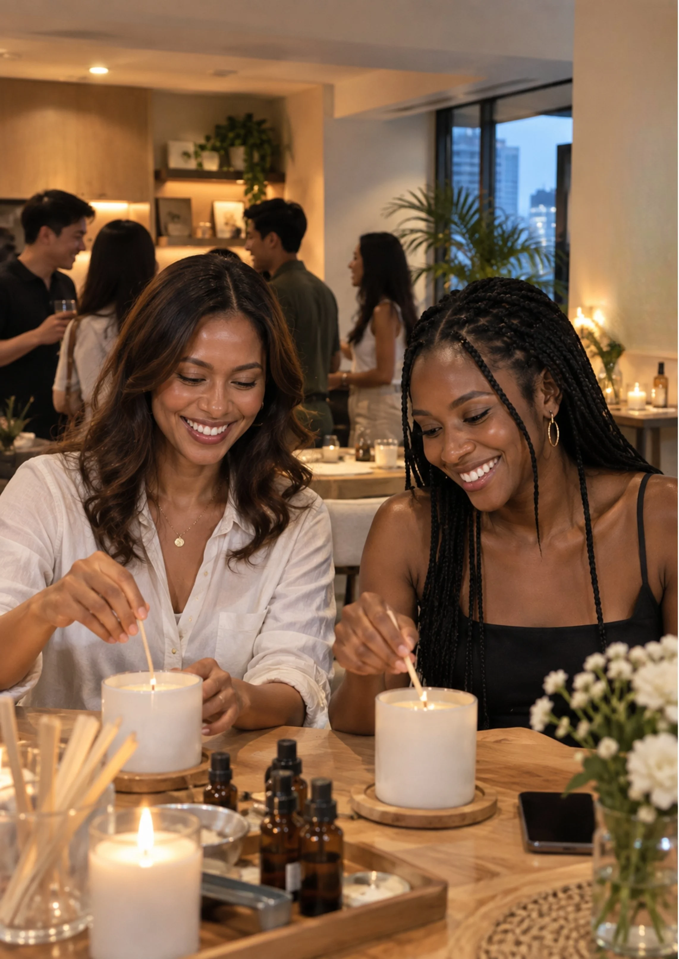 Two women sitting at a table with candles and essential oils, smiling while lighting candles in a cozy, warmly lit room, with other people chatting in the background and city buildings visible through the windows.