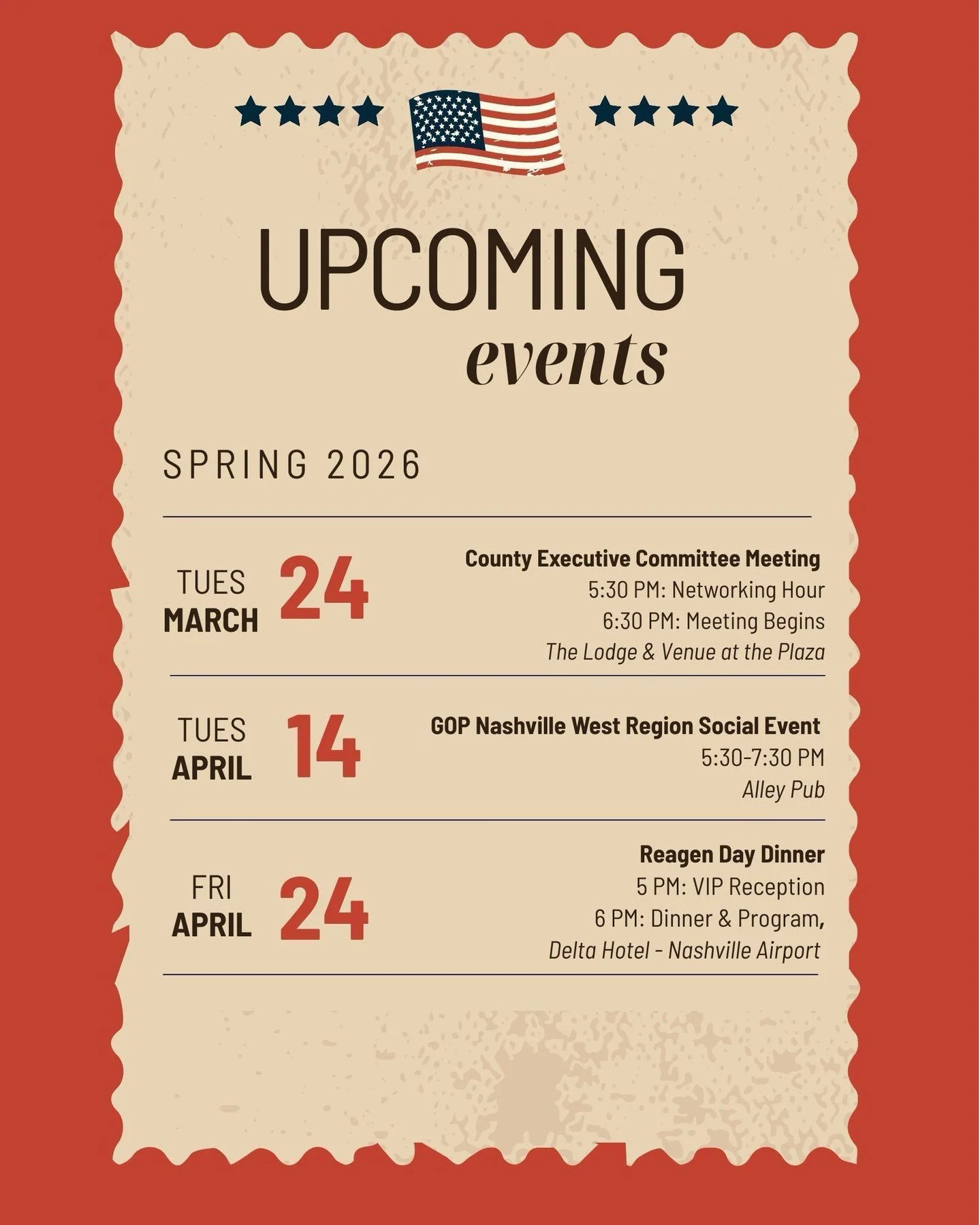 We hope to see you at these upcoming events! 🇺🇸

🎟️ Tickets for Reagan Day Dinner &mdash; link in bio

#GOPNashville #Nashville #ReaganDay #Reagan #NashvilleRepublicans #NashvilleEvents
