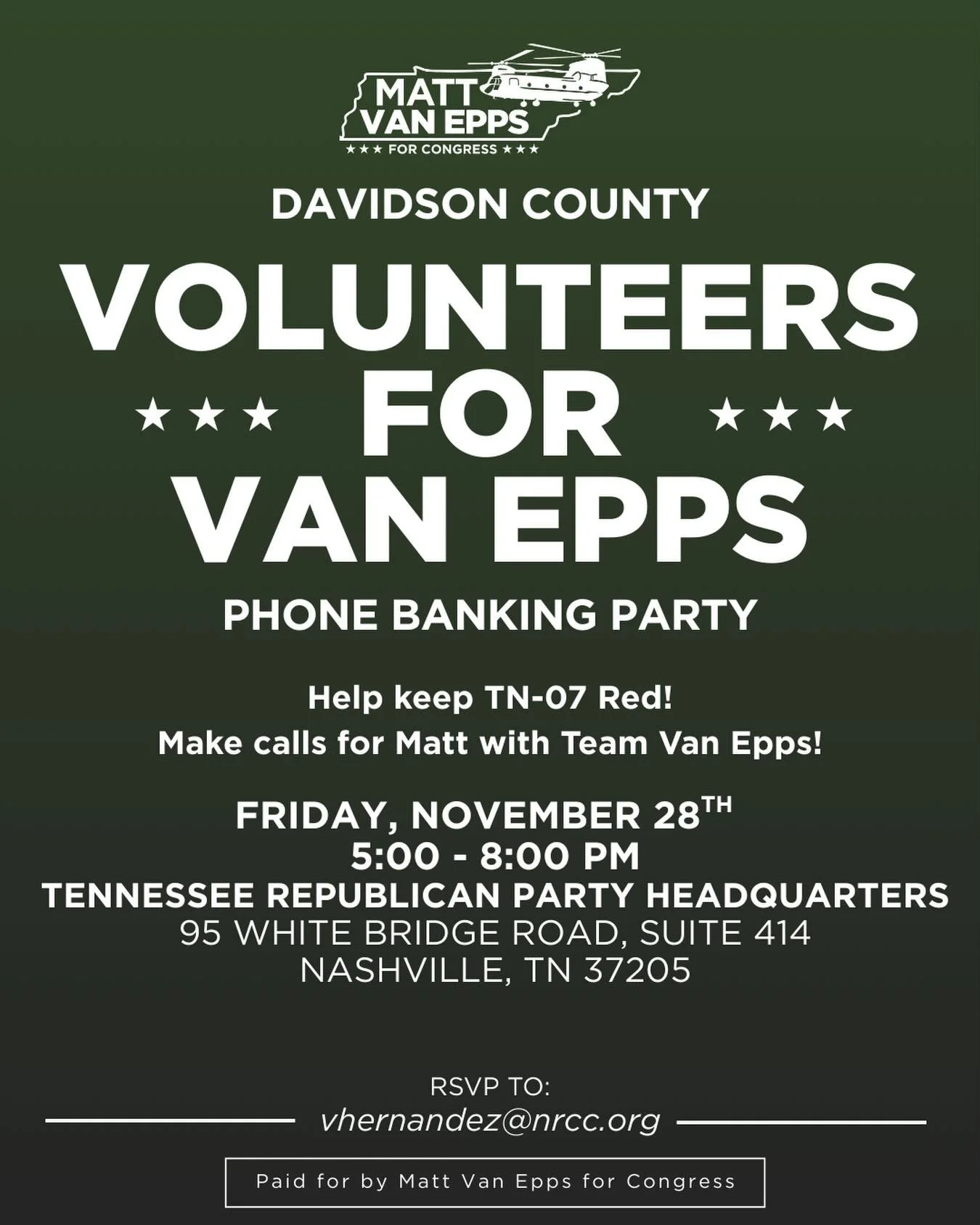 Help keep TN-07 RED! 

Make phone calls for Matt with Team Van Epps this Friday, November 28 from 5-8pm.