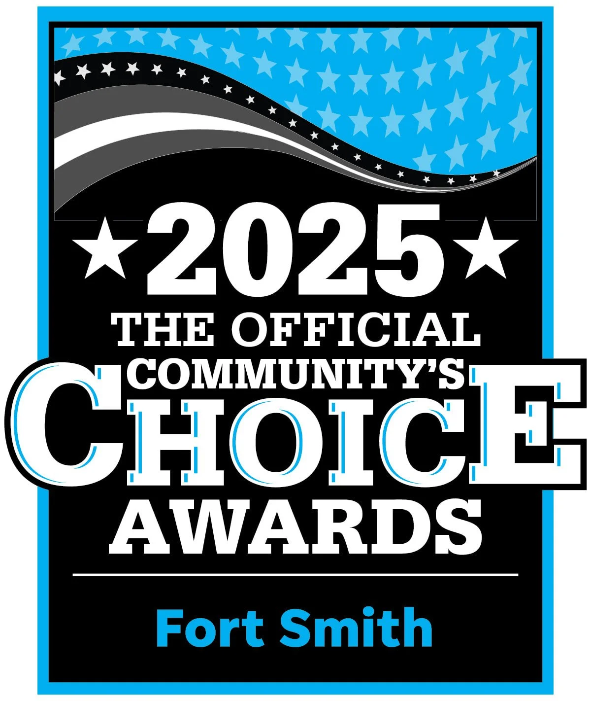 2025 community choice awards in Fort Smith with a patriotic blue and black design and star accents.