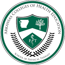 Arkansas Colleges of Health Education School of Physical Therapy logo featuring a shield with a tree, a map of Arkansas, and a cross, surrounded by laurel branches.