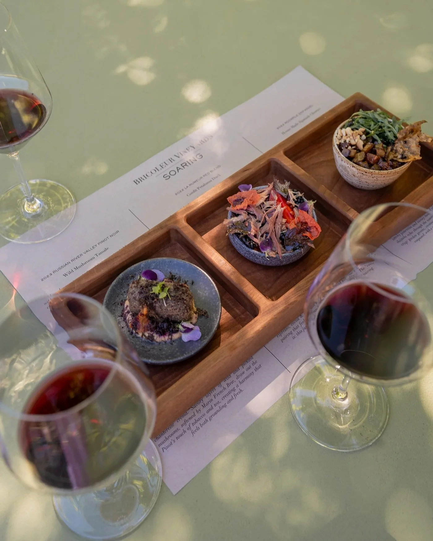Wine and three course pairing menu.  Image owned by Bricoleur Vineyards