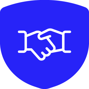 A graphic of two white hands shaking on a blue shield background.