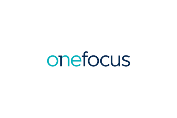 Logo with the words 'one focus' in blue and black text on a white background.