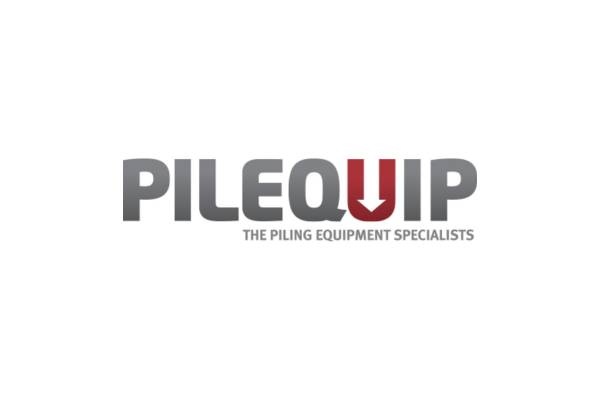 Logo for PILEQUP, a company specializing in piling equipment, featuring bold black letters with a red downward arrow in place of the letter "Q" and the tagline "The Piling Equipment Specialists" underneath.