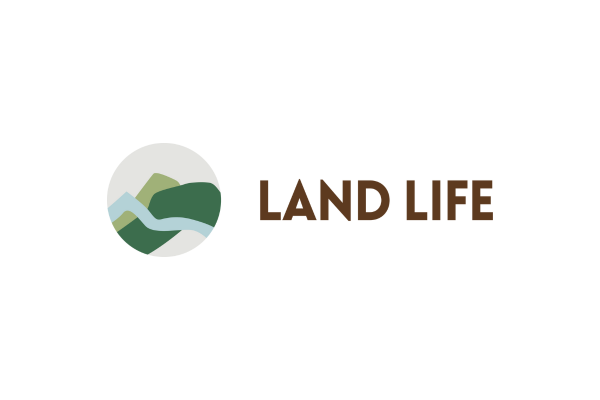 Logo with stylized mountains and river, with the text 'LAND LIFE' next to it.