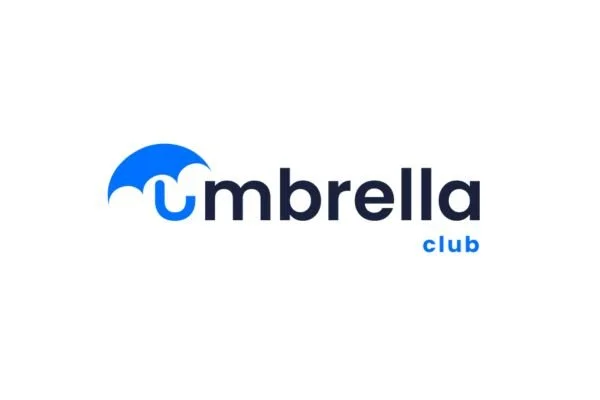 Logo for Umbrella Club with a blue umbrella icon and text.