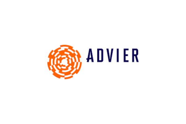 Logo with an orange circular maze and the word "ADVIER" in blue next to it.