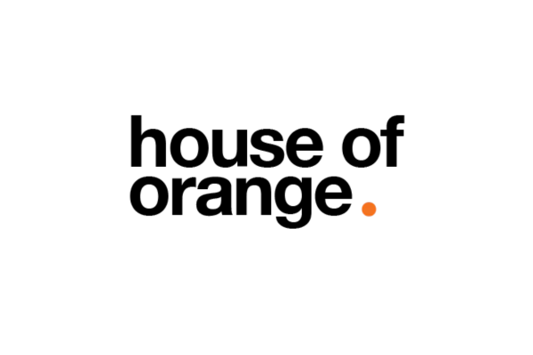 Logo for 'house of orange' with black text and an orange dot on a white background.