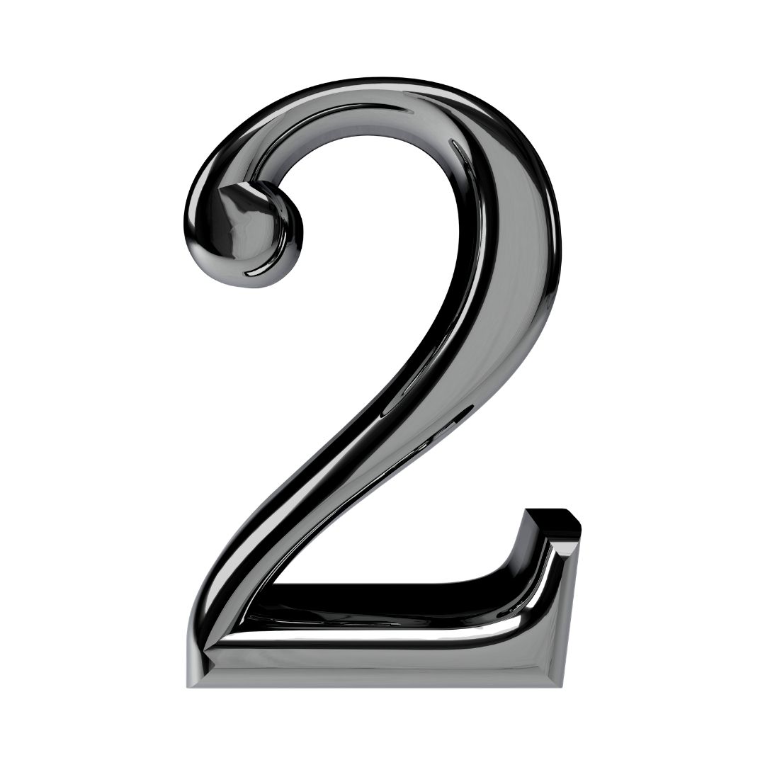 A shiny black metallic number two, three-dimensional and reflecting light, on a transparent background.