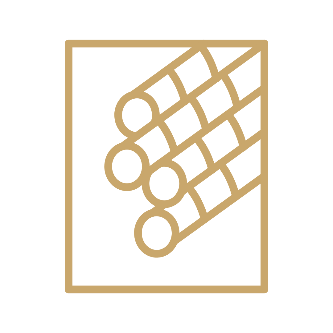 Gold-colored icon of a paint roller with a textured roller cover inside a rectangular border.