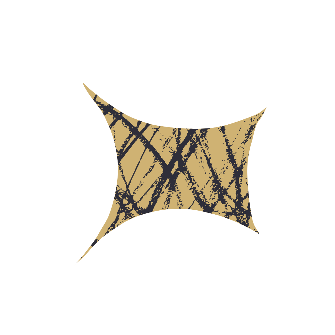 An abstract design of a curved, elongated shape with beige and black marbled patterns on a black background.