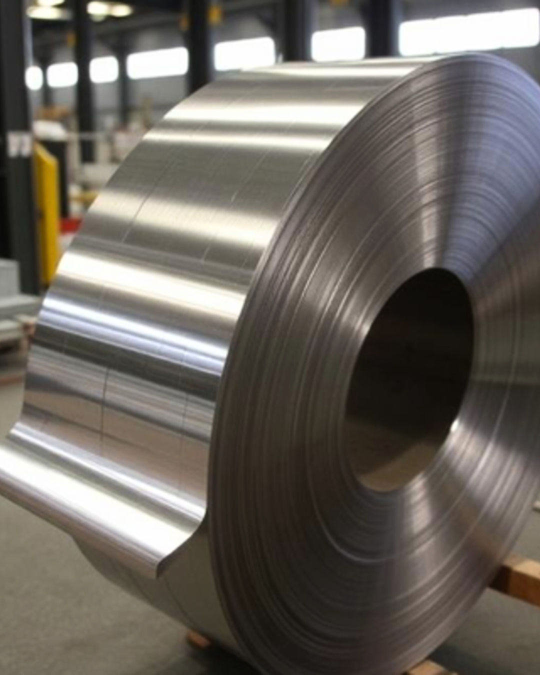 Close-up of a large coil of shiny, metallic steel sheet in an industrial setting.