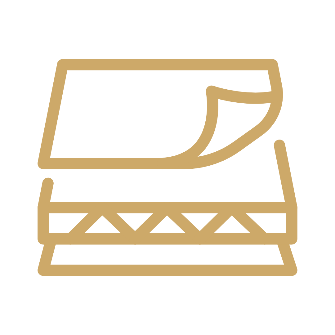 Line drawing of an open bed with a pillow.