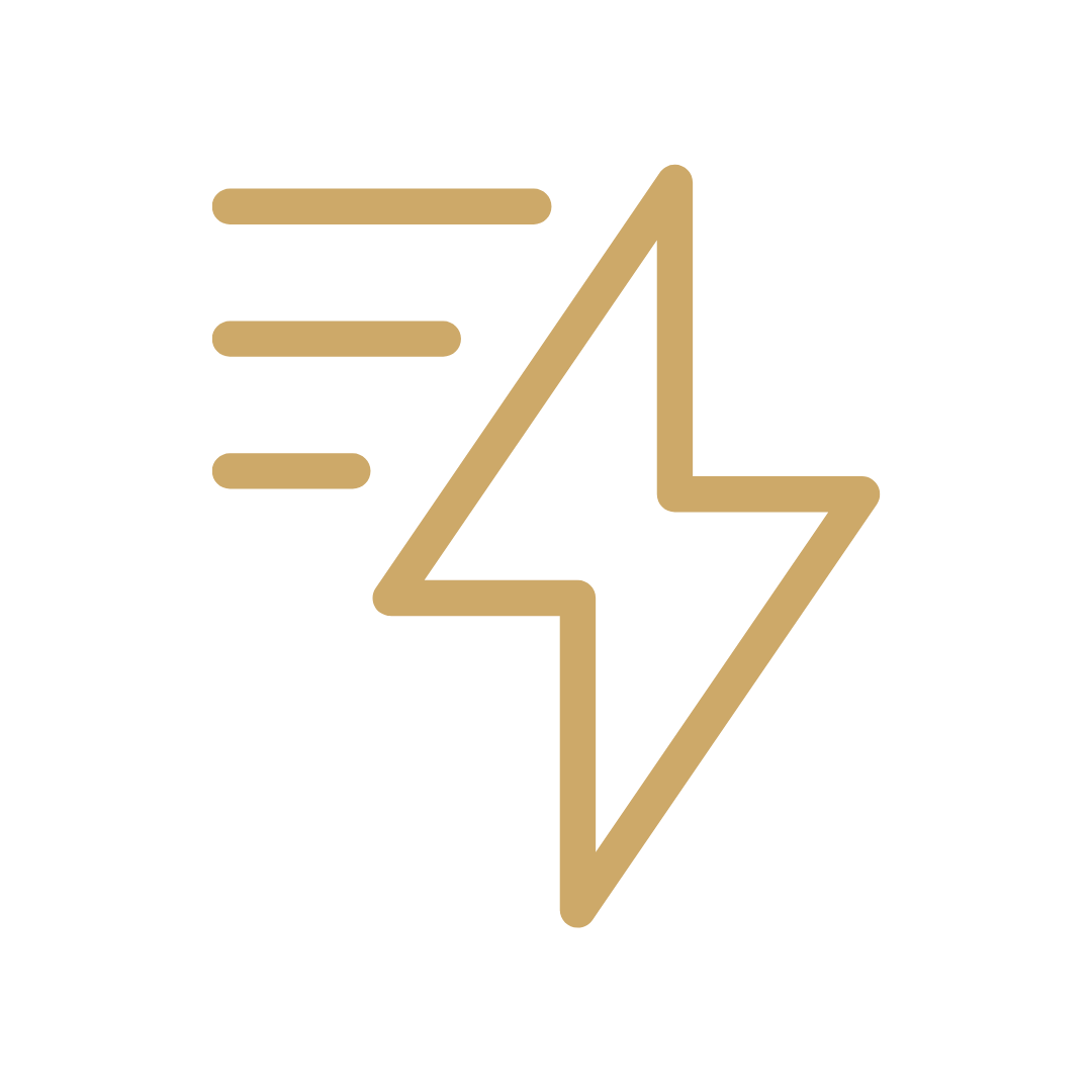 Stylized lightning bolt and three horizontal lines in gold color on a black background.