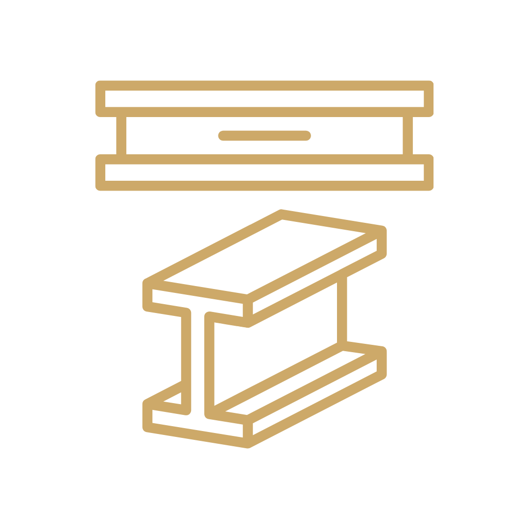 Gold outline drawing of a wooden bench or worktable against a black background.