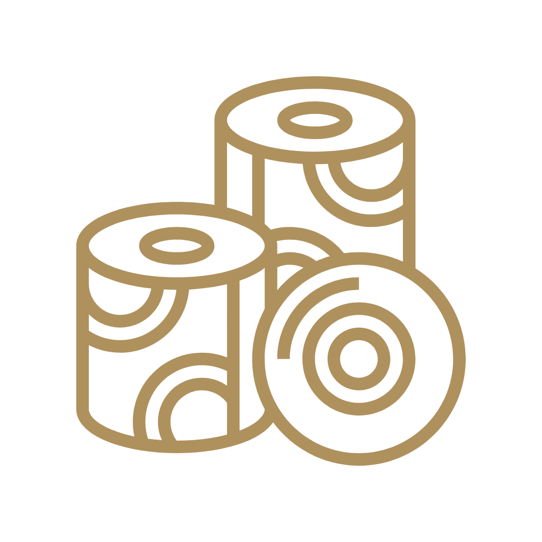 Outline drawing of three brown toilet paper rolls on a black background.