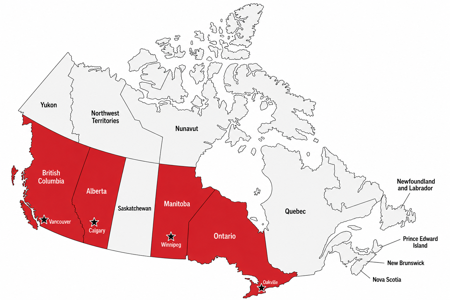 Map of CCG Pharma's Canadian warehouses highlighting the provinces of British Columbia, Alberta, Manitoba, and Ontario