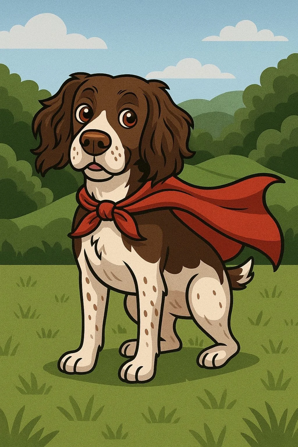A cartoon dog with brown and white fur, long ears, and expressive eyes, wearing a red cape, sitting on grassy terrain with trees and a sky with clouds in the background.