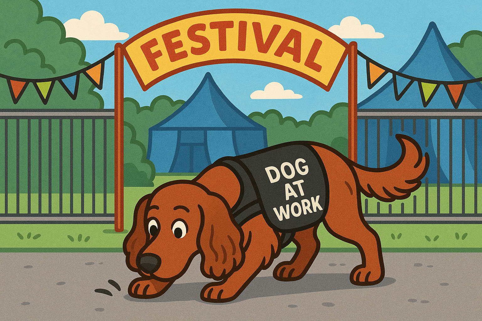 A cartoon illustration of a dog wearing a vest labeled 'Dog at Work' at a festival entrance with tents and trees in the background.