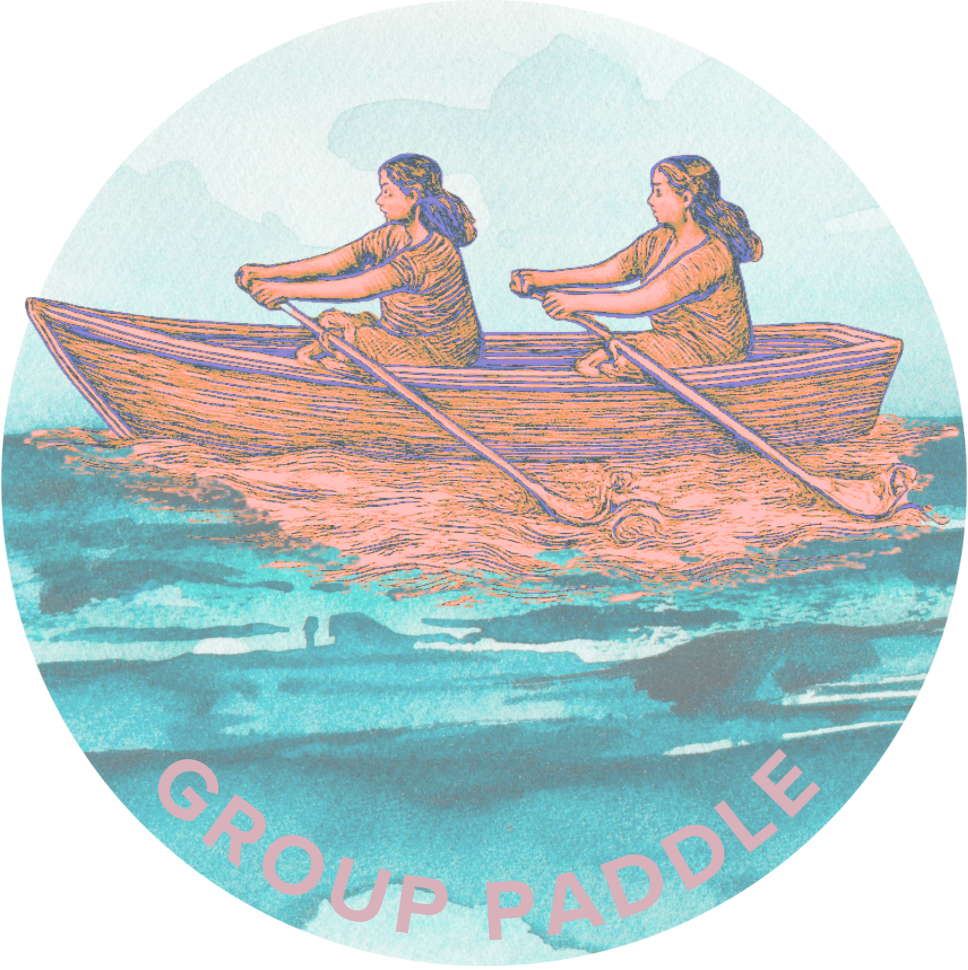 Women paddle together in canoe on ocean with text reading: Group Paddle