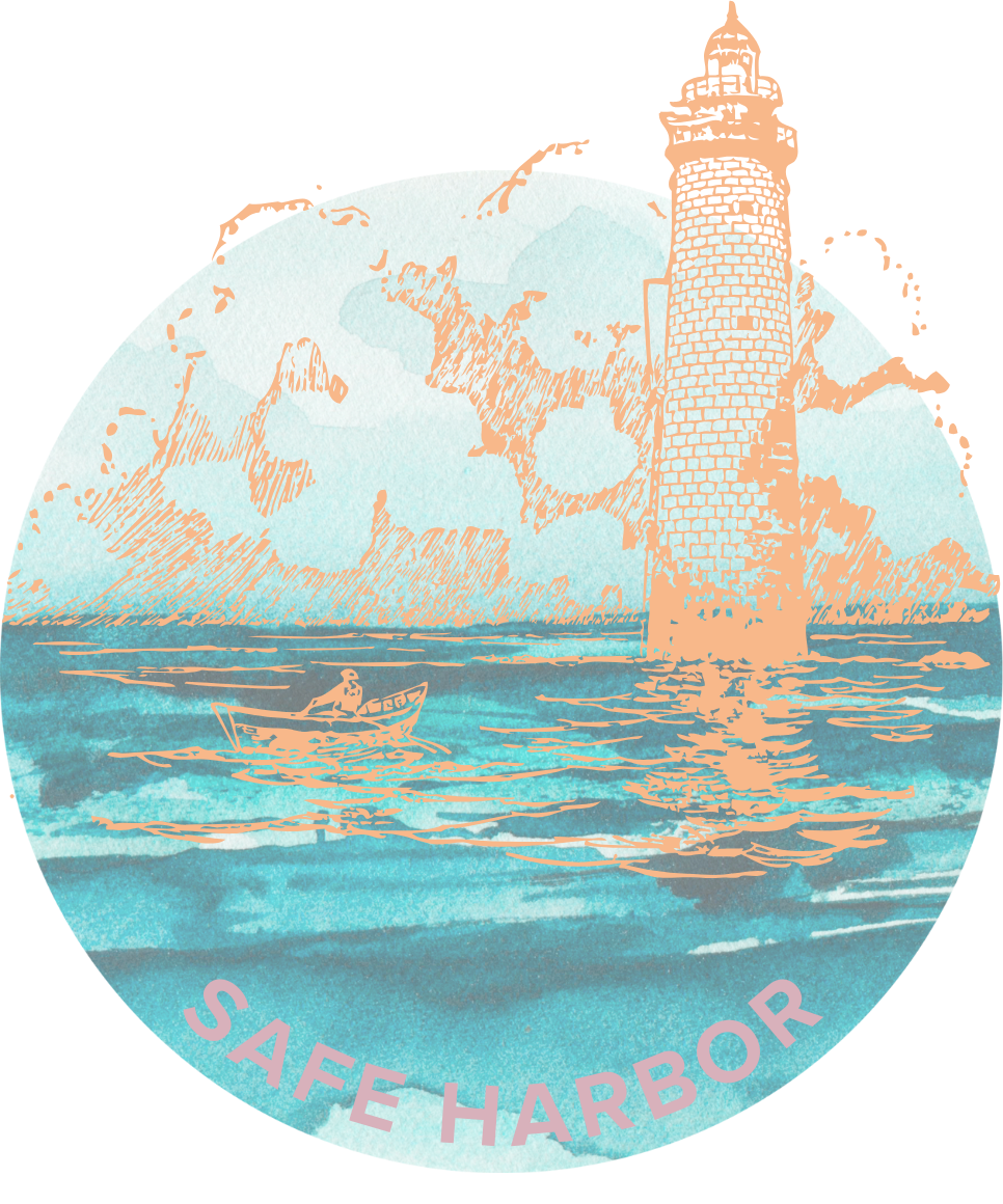 Small boat on ocean with lighthouse and text reading: Safe Harbor