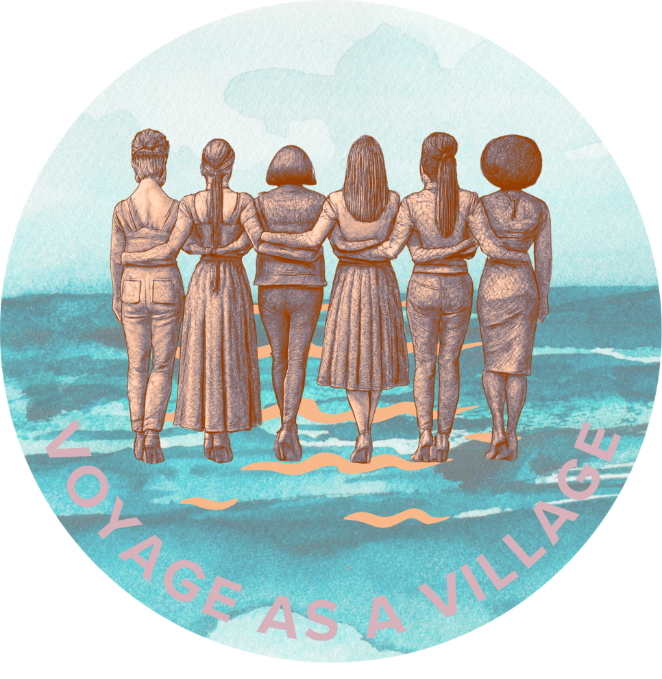 Women walk on water together with text reading: Voyage as a Village