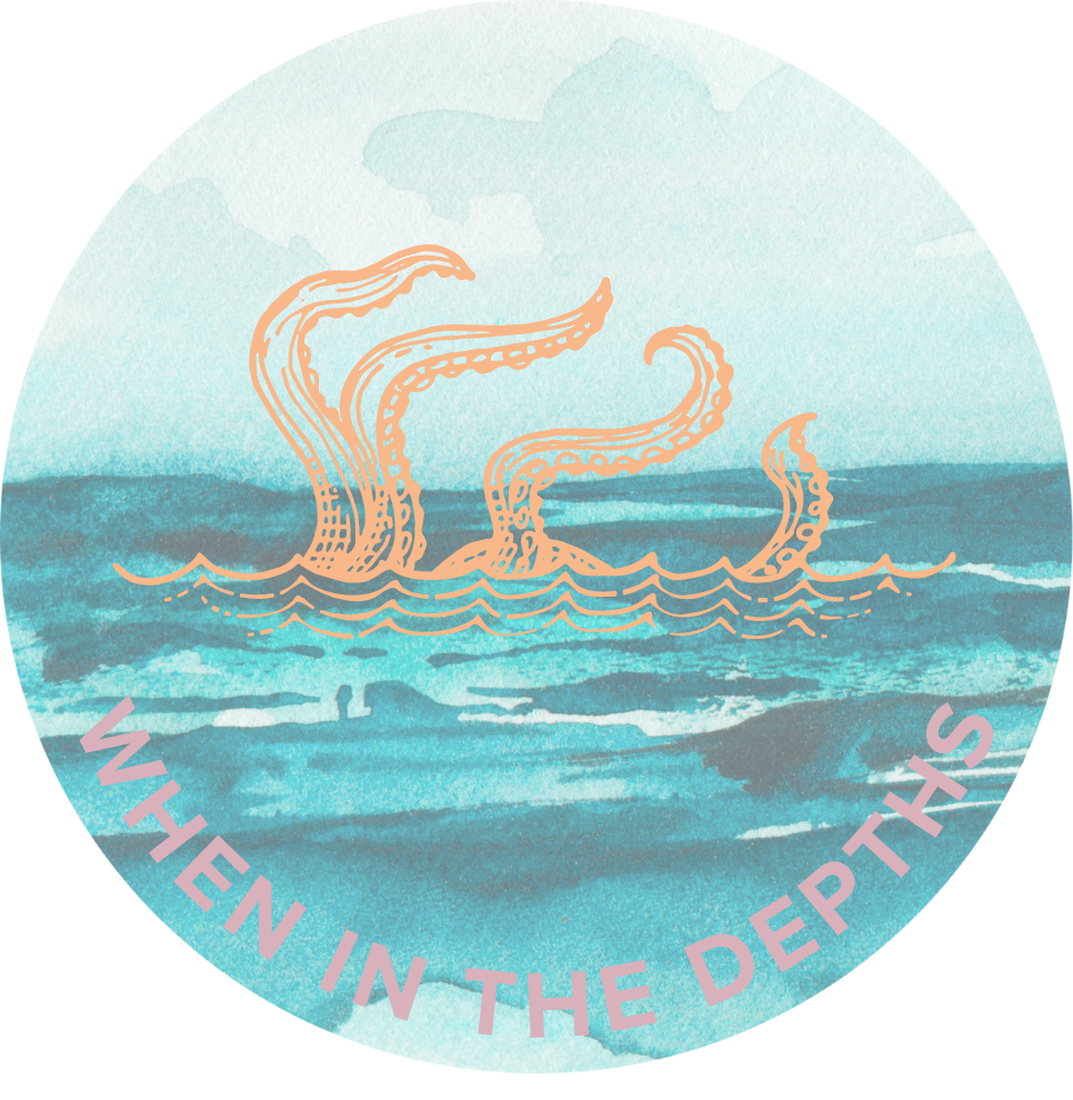 Sea monster arms reach out of the ocean waves, text reads: When in the Depths